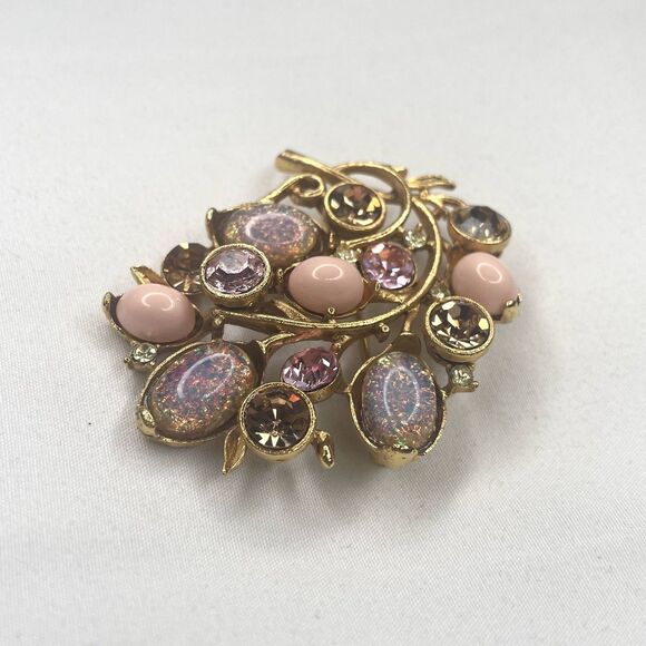 Rare Vintage Graziano Stamped Pink Iridescent Rhinestone Gold Tone Floral Brooch - Picture 2 of 6